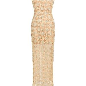 Sleeveless Gold Crochet Lace Maxi Dress with Floral Overlay